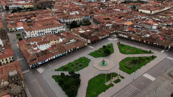 Empty Plaza De Armas Near Cusco Cathedral During COVID-19 Lockdown In Peru. - aerial