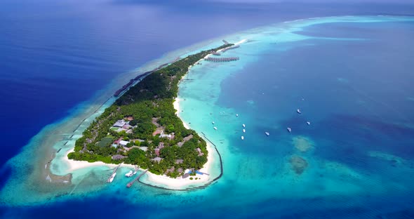 Wide flying abstract view of a summer white paradise sand beach and blue sea background in colourful