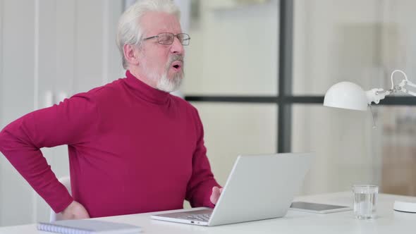 Old Man Having Back Pain While Working on Laptop