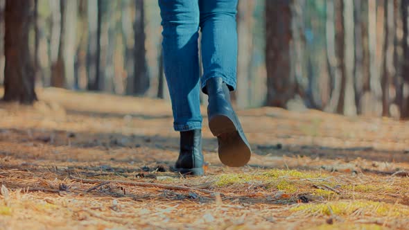 Modern Stylish Girl Walking. Female Walking And Relaxing In Park. Autumn Hiking On Forest Trail.