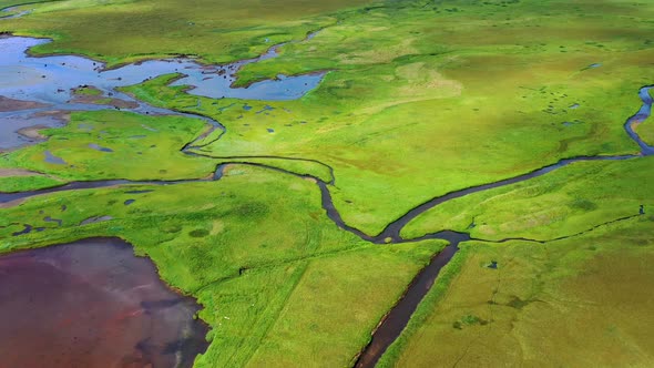 Iceland. Aerial View on The Mountain, Field and River. 