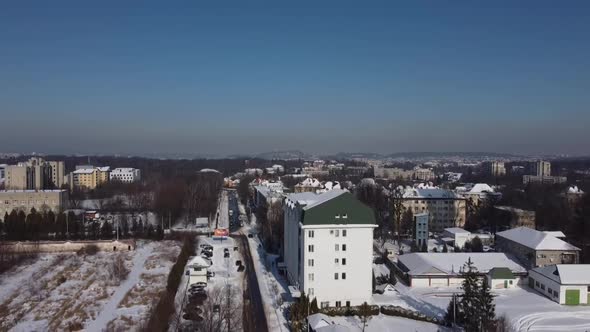 Aerial view of a drone flying over the city.