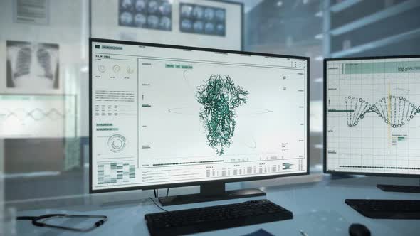 Medical software loading 3D images of SARS-COV-2 spike protein structure. UI alt