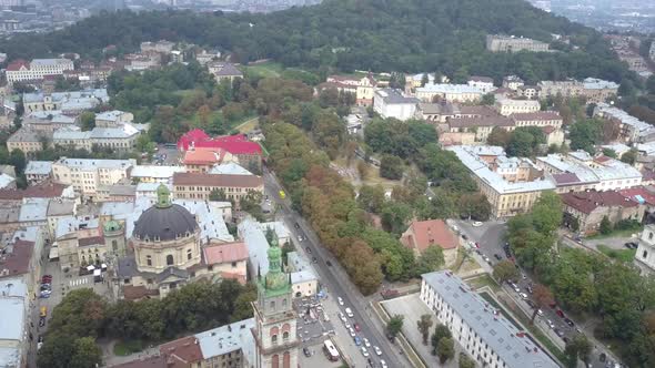 Beautiful Top View of the Assumption and Dominican Cathedral in the City Center. Shooting of Lviv