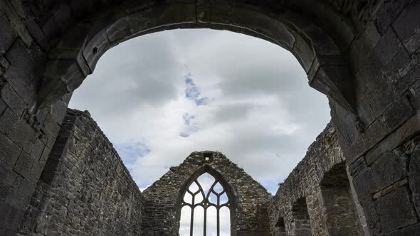 Motion time lapse of Creevelea Abbey medieval ruin in county Leitrim in Ireland as a historical sigh