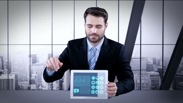 Man showing digitally generated medical icons and graphs on tablet