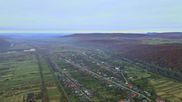 Aerial Top View Amazing Panoramic Village Mountain Landscape