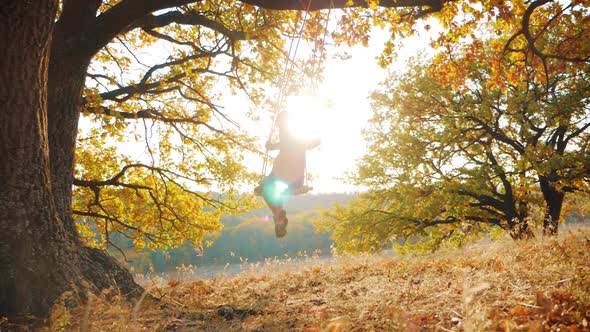 Happy Child Girl on Swing at Golden Sunset. The Concept of Childhood Dreams.