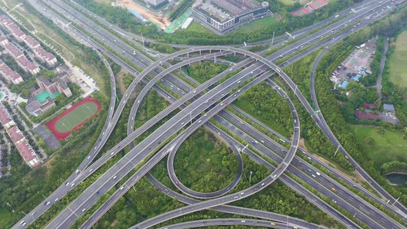 Aerial view of highway and overpass in city