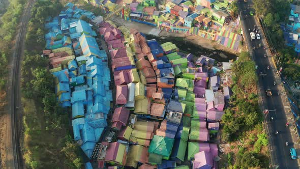 Drone Over Multicolored Buildings Of Kampung Warna Warni Jodipan