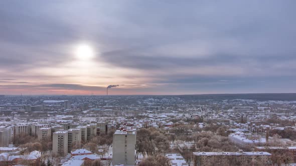 Kharkiv City From Above at Sunset Winter Timelapse