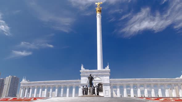 View of the Kazakh Eli Monument Timelapse Hyperlapse on Independence Square in Astana the Capital of