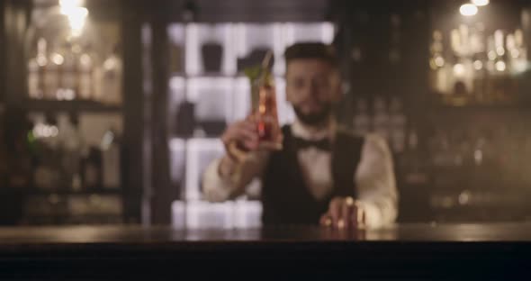 Bartender Is Making Presentations Cocktail To Client