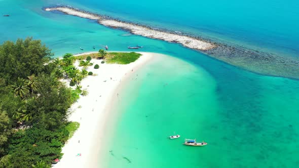 Aerial above nature of perfect coast beach journey by transparent sea and white sand background of a