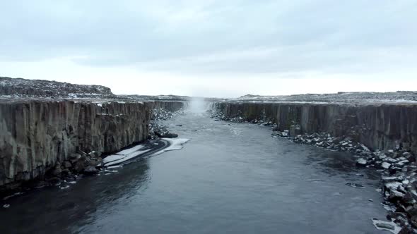 Selfoss Waterfall, River and Canyon. Iceland. Aerial View