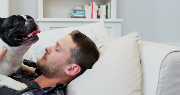 Man with pug dog relaxing on sofa 