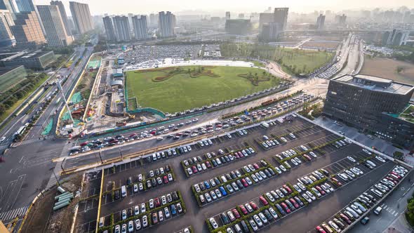 Timelapse of busy traffic road with modern office building in hangzhou china