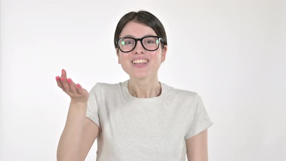 Young Woman Waving and Talking on White Background