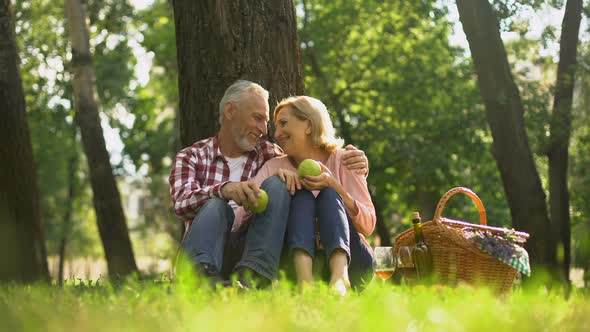 Joyful Healthy Old Couple Relaxing on Grass, Holding Apples and Hugging, Picnic