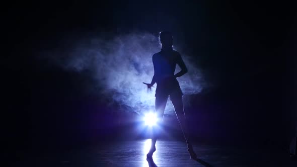 Girl Dancing Movements of Salsa, Rumba, Silhouette. Dark Background, Blue Backlight