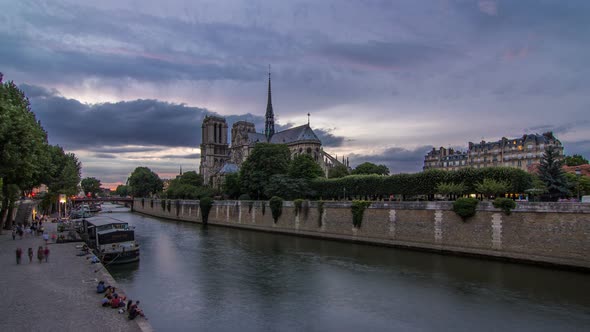 Cathedral Notre Dame De Paris Day to Night Timelapse After Sunset in Paris France