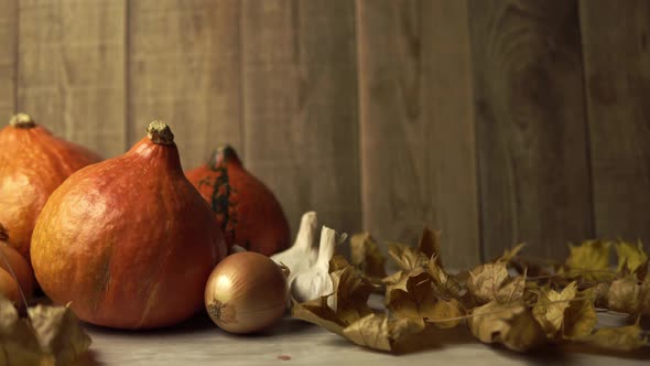 Still Life of Autumn Harvesting Vegetables on a Wooden Background