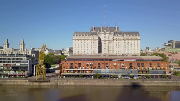 Aerial of an original warehouse of Puerto Madero and Libertador building on background