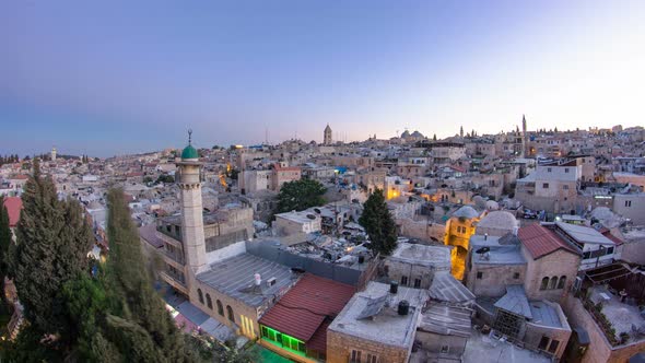 Panorama of Jerusalem Old City Day to Night Timelapse From Austrian Hospice Roof Israel
