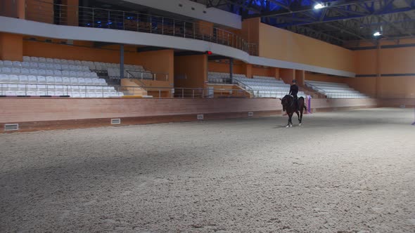 Equestrian Sports  a Woman in Black Clothes Galloping on the Empty Hippodrome Field in Circles