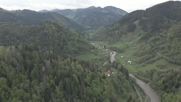 Ukraine, Carpathian Mountains: Beautiful Mountain Forest Landscape, Aerial, Flat, Gray