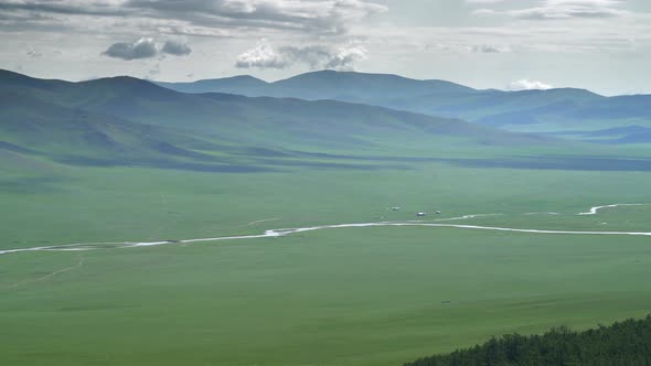 Yenisei River Flowing Through The Vast Empty Meadows in in Siberia of Asia Continent