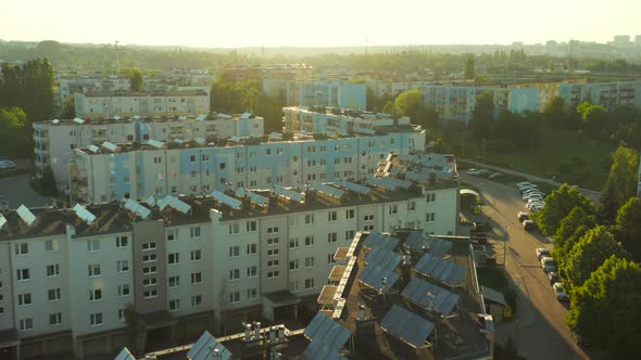 Aerial View From Drone Solar Power Plant Located Roofs Buildings