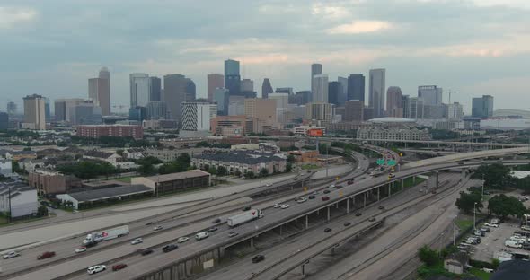 Aerial of downtown Houston skyline and surrounding landscape