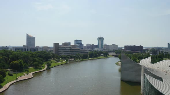 Flying past the Science Museum toward downtown Wichita