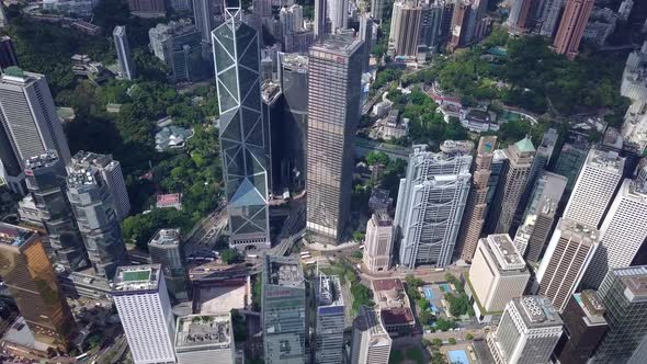 Drone fly down over the central district in Hong Kong city