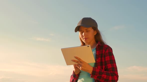 Farmer Girl Works with a Tablet in a Wheat Field