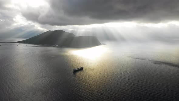 Aerial view of boats sailing Summer Bay, Unalaska, Alaska, United States..