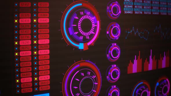 Advanced futuristic graphic interface. Displays abstract diagrams and charts.