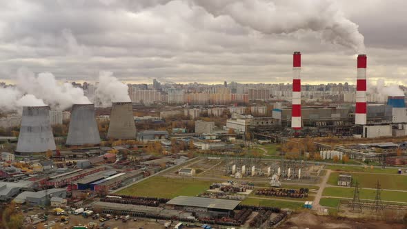 Aerial View of the Cooling Towers and Tall Pipes Releasing Steam From the Thermal Power Plant Moscow