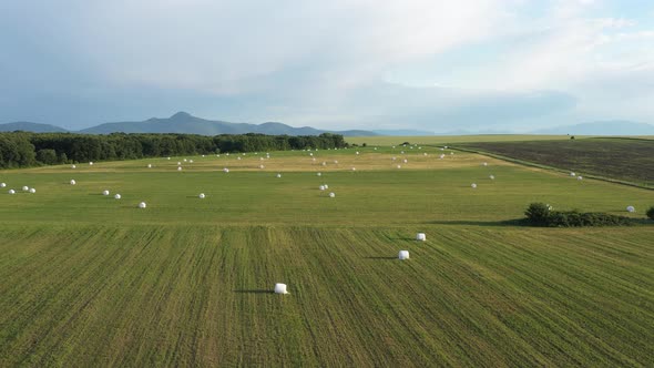 Aerial View On Farm Fields With Baled Hay 3
