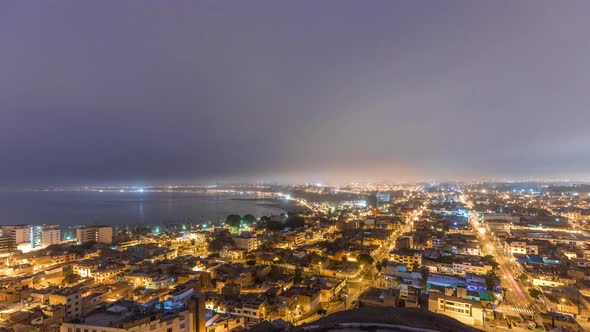 Panoramic Skyline of Lima City From Above with Many Buildings Aerial Night to Day Transition