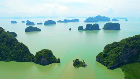 Aerial view from a drone over many islands at Phang Nga Bay