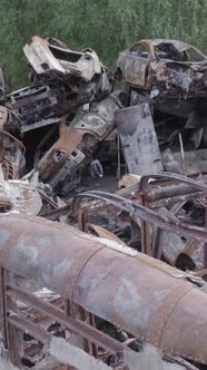 Vertical Video of Wartorn Cars in Ukraine