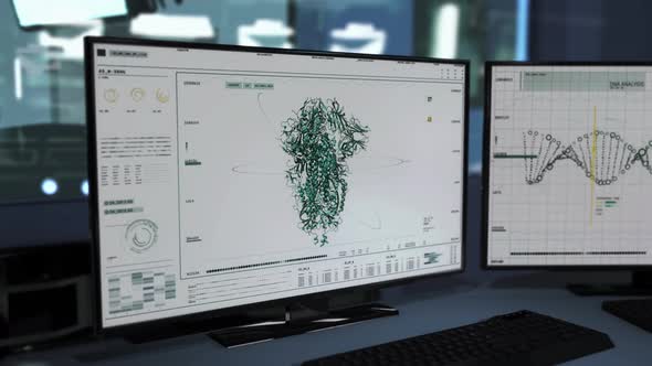 Monitor in center with SARS-Cov-2 spike protein structure appearing in 3D. UI alt