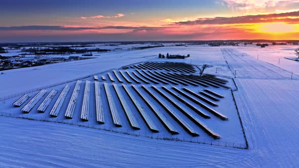 Alternative energy in Poland. Frozen photovoltaic farm in winter.