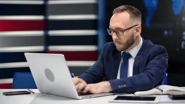 Focused Successful Business Male in Tie Suit Working Use Laptop Pc at Modern Office Workplace