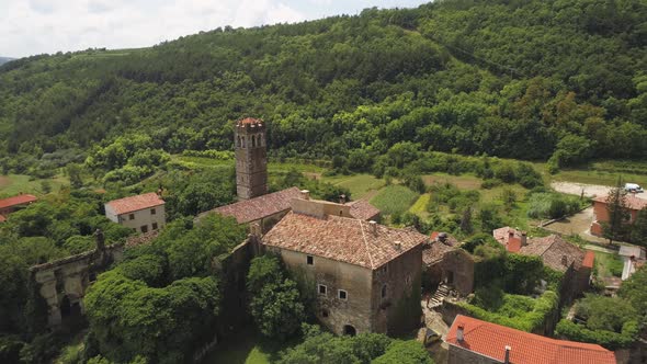 Aerial view of small historical hilltop town in the region of Istria, Croatia