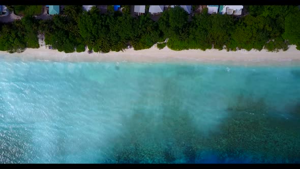Aerial above tourism of tranquil coast beach time by blue green ocean with bright sandy background o