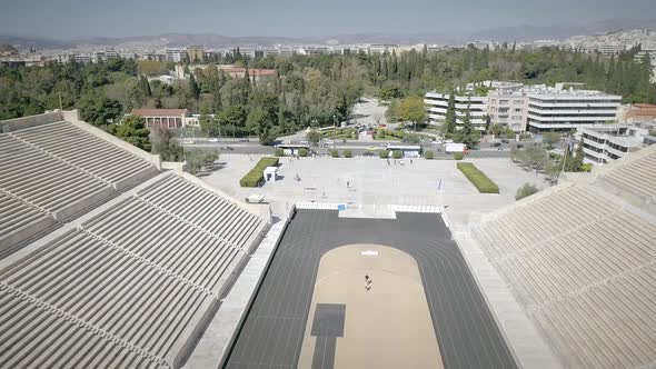 Aerial view of the Panathenaic, Kallimarmaro Stadium and the city skyline.