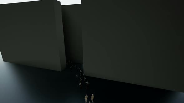 Crowd Silhouettes Entering Into a Mysterious Maze